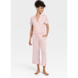Women's Cloud Knit Modal Short Sleeve Notch Collar Top and Capri Set,pink Small